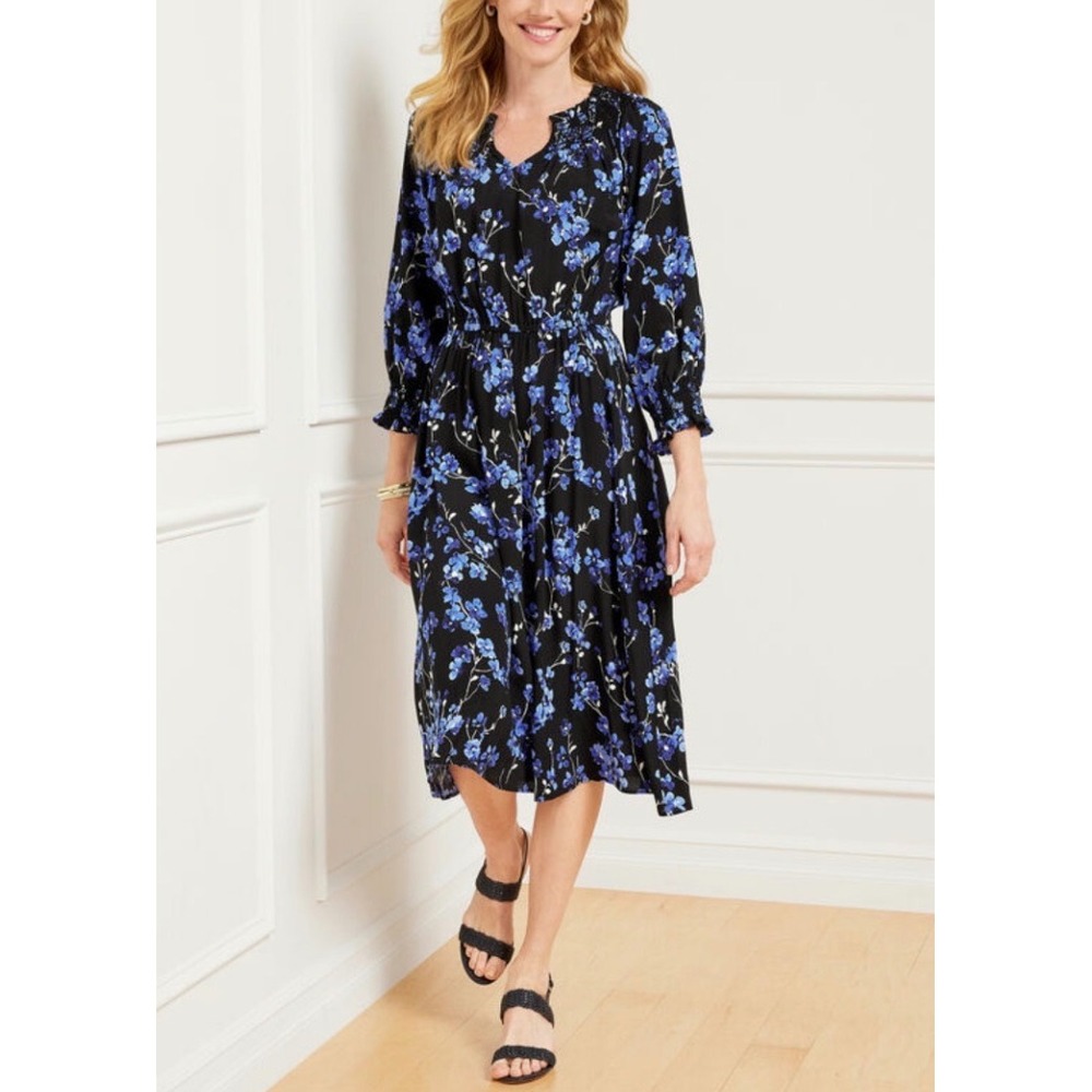 New Talbots Dress Midi Smocked Floral Black Blue Women Small Petite Long Sleeve